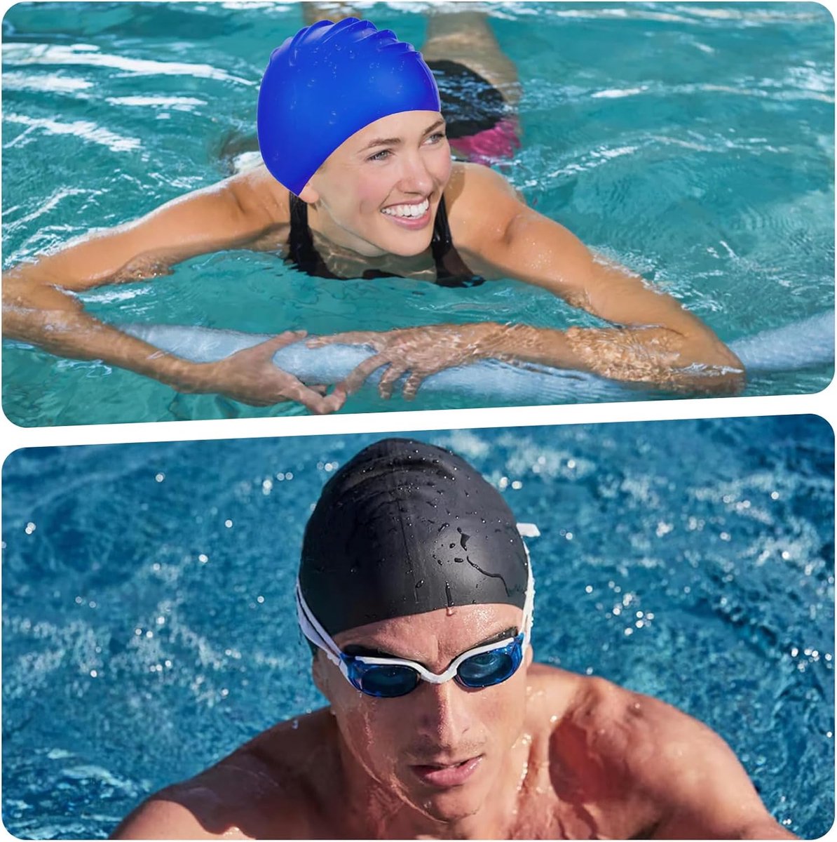 pieces - swimming cap - 23*20 cm - silicone swimming caps - hearing protection - waterproof swimming hat - keep dry for long and short hair - unisex swimming caps - for adults, children and juniors - black and blue