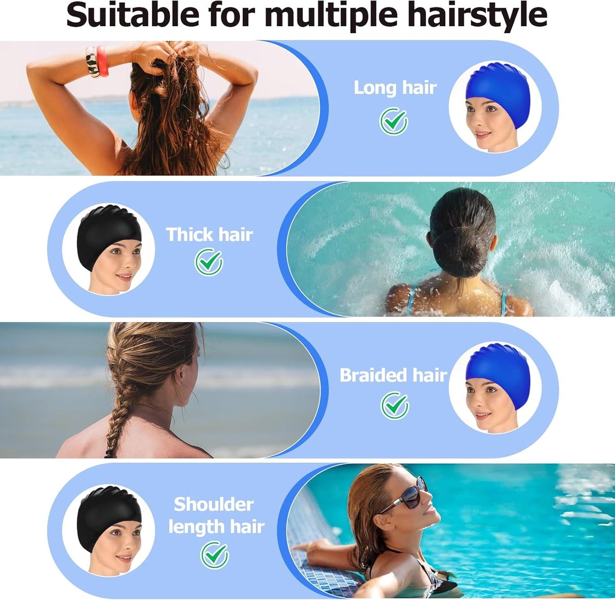 pieces - swimming cap - 23*20 cm - silicone swimming caps - hearing protection - waterproof swimming hat - keep dry for long and short hair - unisex swimming caps - for adults, children and juniors - black and blue