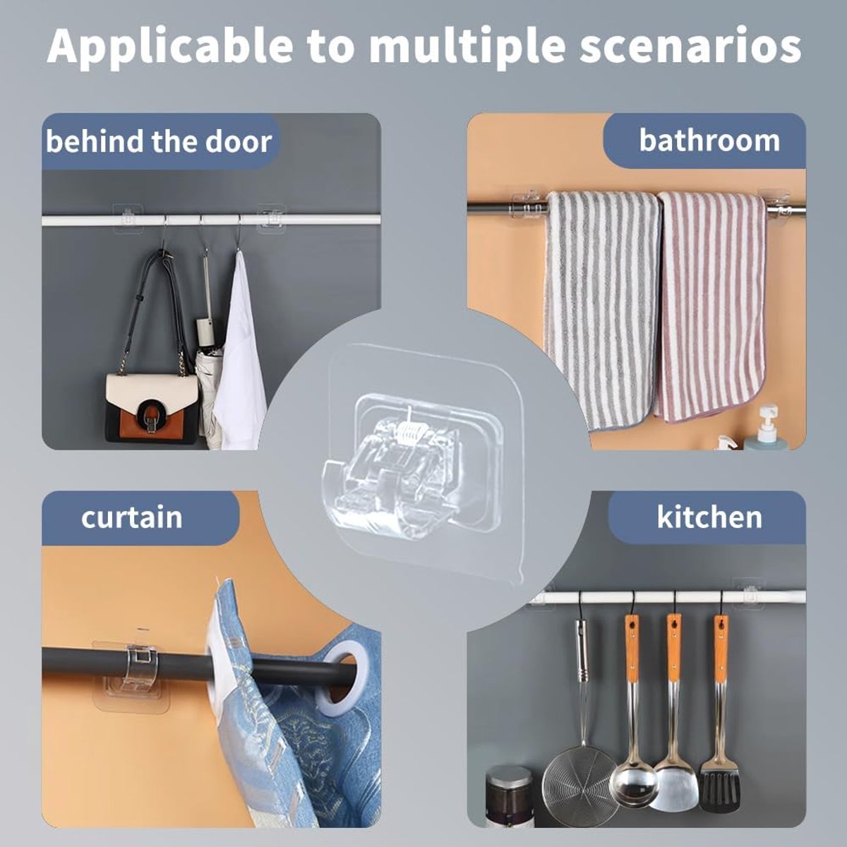 6 pieces - Curtain rod hook - 6*6 cm - drill-free curtain holders - self-adhesive curtain rod holders - drill-free curtain hooks - curtain accessories - for curtain rods, towel racks, bathrooms, kitchens - transparent