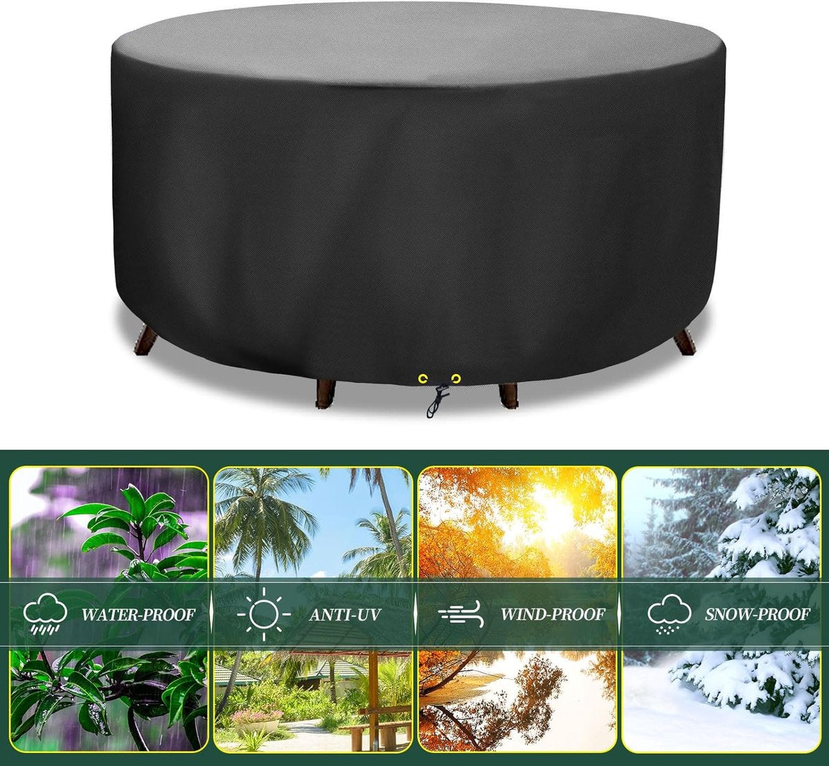 Round Cover - Waterproof - Large Round Garden Table Cover - Windproof - Anti-UV - Tough - Oxford 420D, Round Table Cover - for Garden Furniture - Black - Diameter 130 x 71 cm