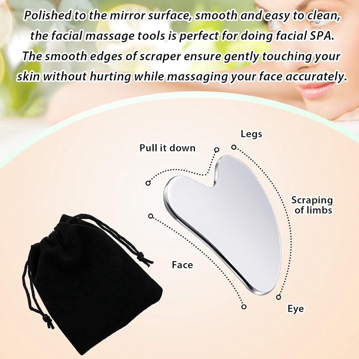 85*55mm - Stainless Steel Gua Sha Facial Instruments - Lymphatic Drainage Massage - Gua Sha for the Face - Metal Gua Sha - Skin Self-Care - Facial Sculpting Gua Sha - for the Body, Eyes, Jawline Shaper - with Dust Bag - Silver