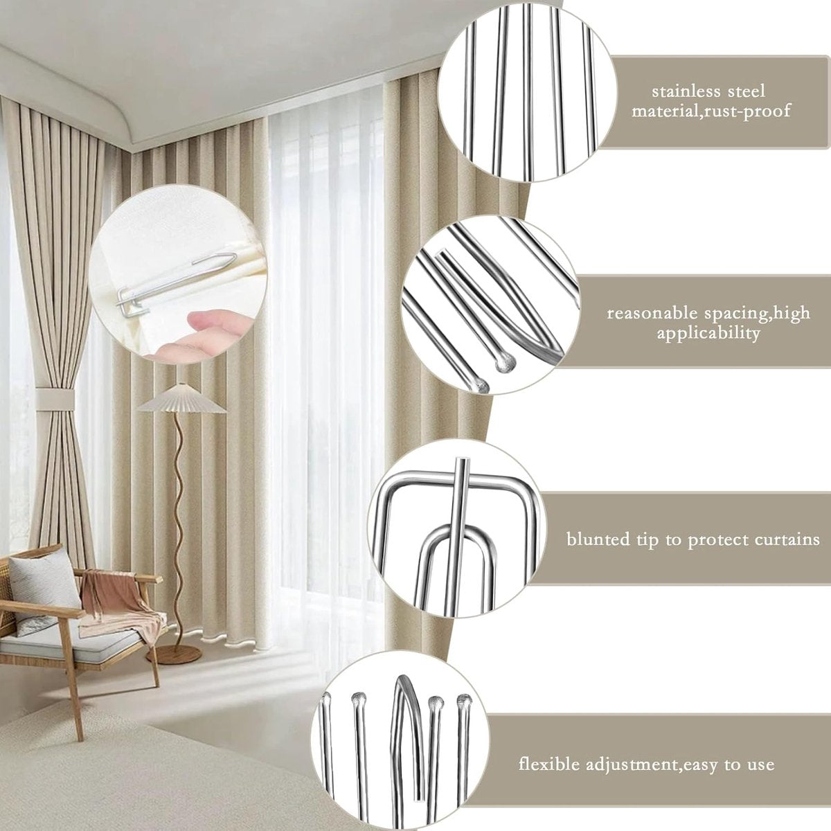 40 pieces - Curtain hook - curtain hooks for curtains - curtain pins - curtain hooks for pleated curtains - stainless steel pleated curtain hooks - window decoration accessories - curtain accessories - silver - 2.5*7 cm