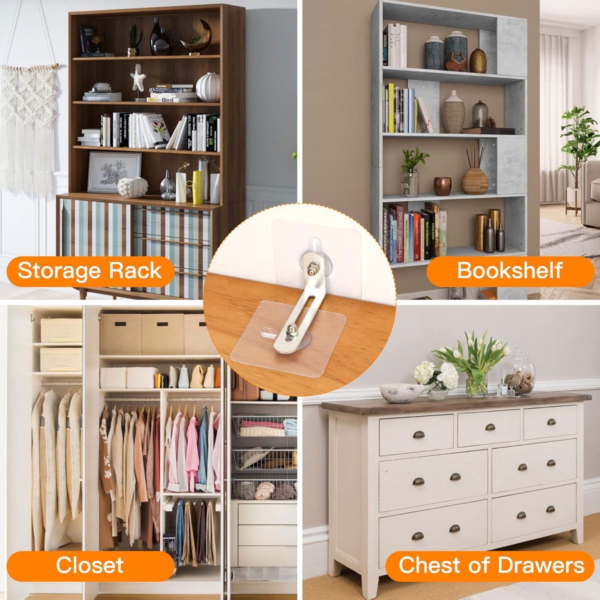 10 Pack Furniture Wall Anchors - Furniture Safety Anchors - Self-Adhesive - Anti-Tip Anchor Set - Falling Furniture Prevention - No Drilling - Safety Metal Bracket - Protect Baby & Pet - for Attaching Bookcase, Cabinet, Dresser