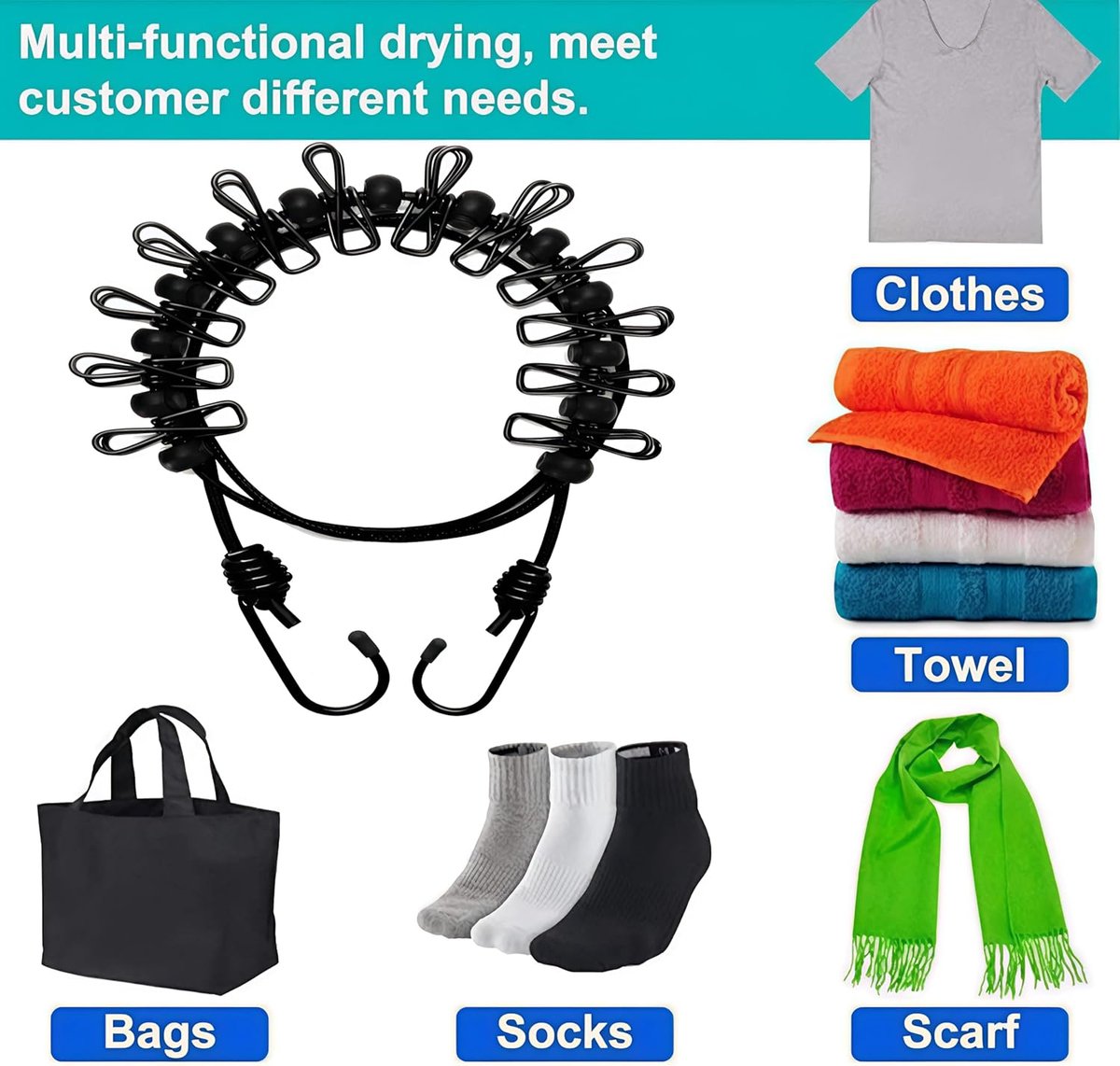 1 Pack 1.8M Portable Clothesline with 12 Clothespins - Clothesline Wire - Travel Clothesline - Drying Lines - Camping Clothesline - Stretchable Retractable Elastic Clothesline - Clothesline - Clothesline for Backyard, Vacation Hotel, Balcony Clothes Dryin