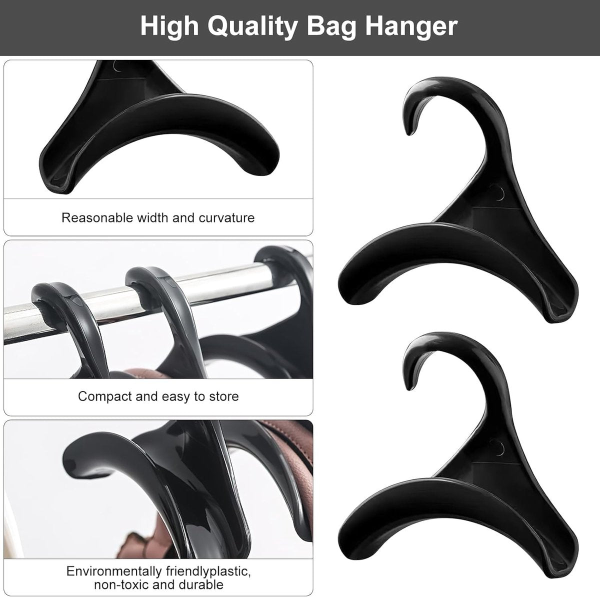 10 pieces - Bag hanger - Bag Hooks - handbag hanger hooks - bag hangers - handbag hangers - clothes hanger - closet bag hangers - for handbags, clothes racks, wallets, wardrobe, handbags, scarves and ties - 10*10*3cm - black