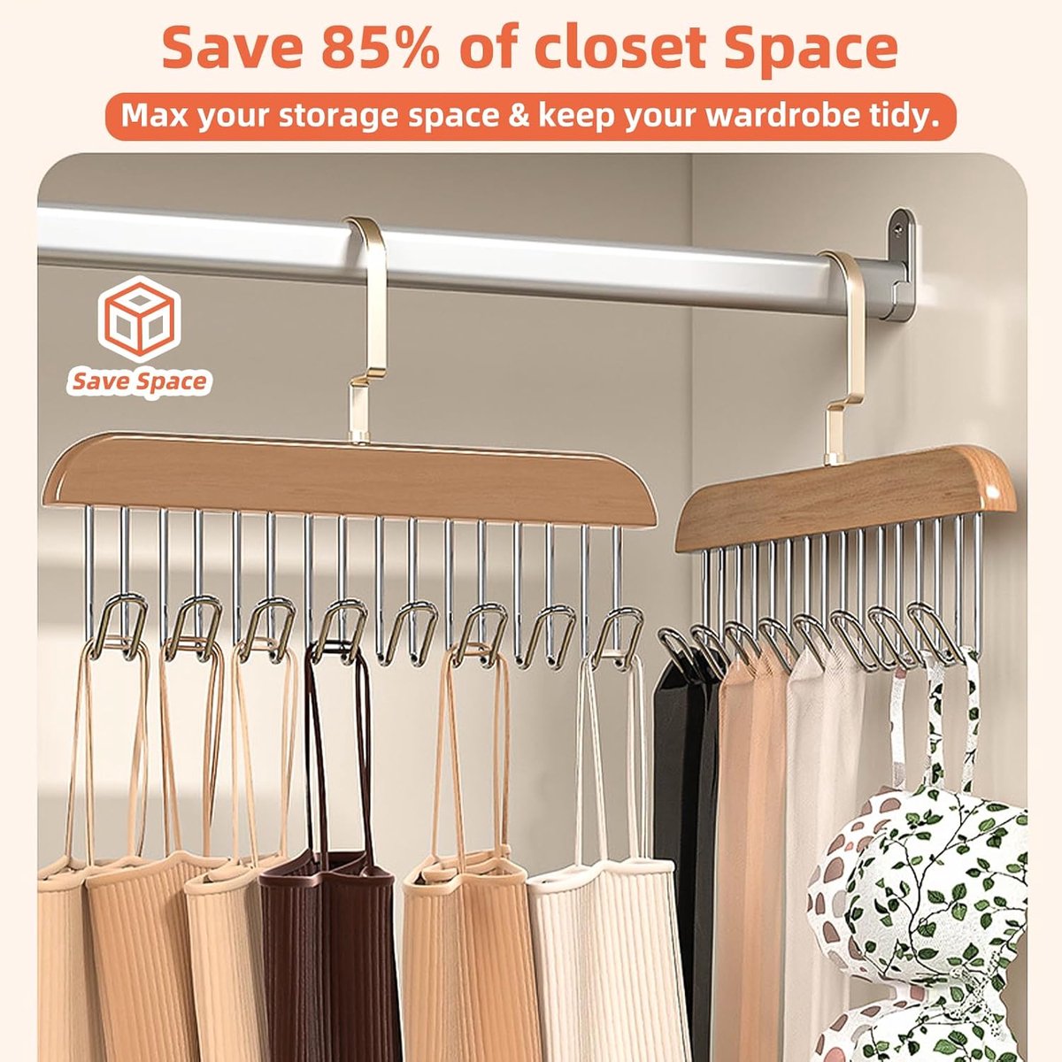 2 pieces - Clothes hanger - belt holders - scarf rack - bra holders - tie hangers for the closet - wooden bra hangers - with 8 hooks - 360° rotatable tank top hangers - closet accessory - for the closet - for belt, tie, tank top, bra, scarf - 28 cm