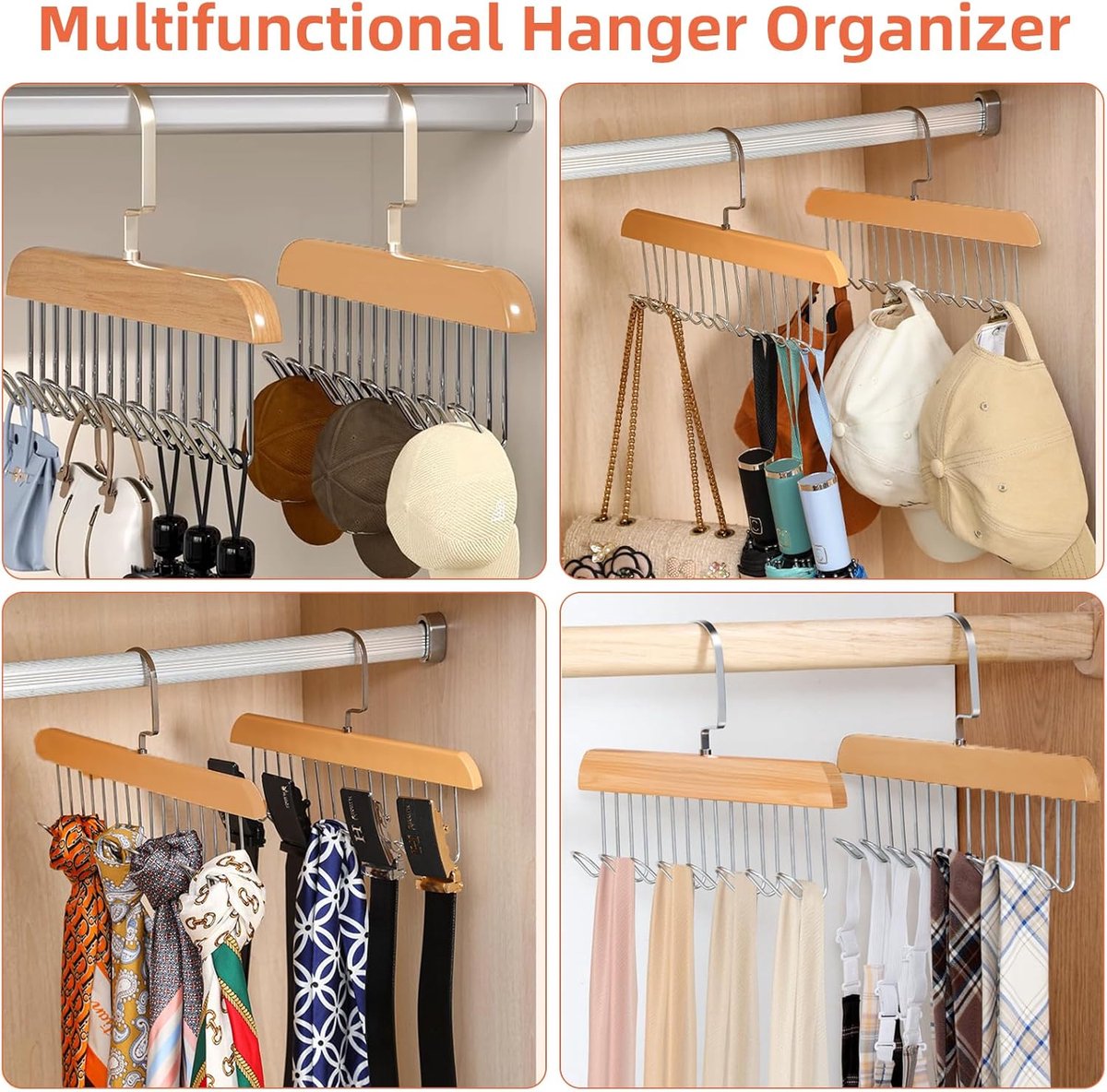 2 pieces - Clothes hanger - belt holders - scarf rack - bra holders - tie hangers for the closet - wooden bra hangers - with 8 hooks - 360° rotatable tank top hangers - closet accessory - for the closet - for belt, tie, tank top, bra, scarf - 28 cm
