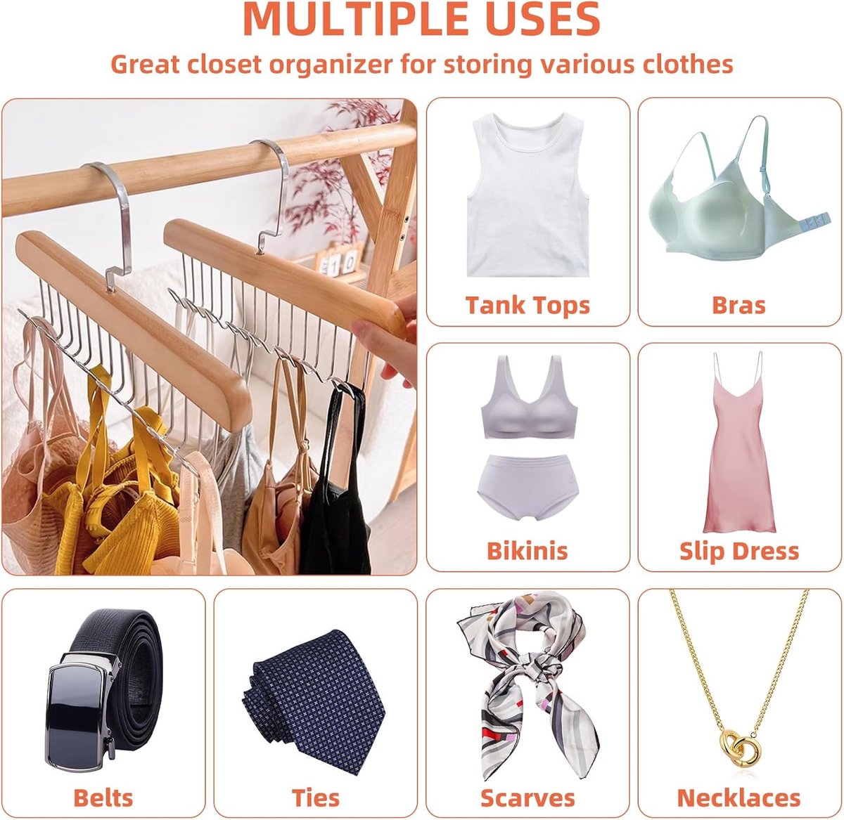 2 pieces - Clothes hanger - belt holders - scarf rack - bra holders - tie hangers for the closet - wooden bra hangers - with 8 hooks - 360° rotatable tank top hangers - closet accessory - for the closet - for belt, tie, tank top, bra, scarf - 28 cm