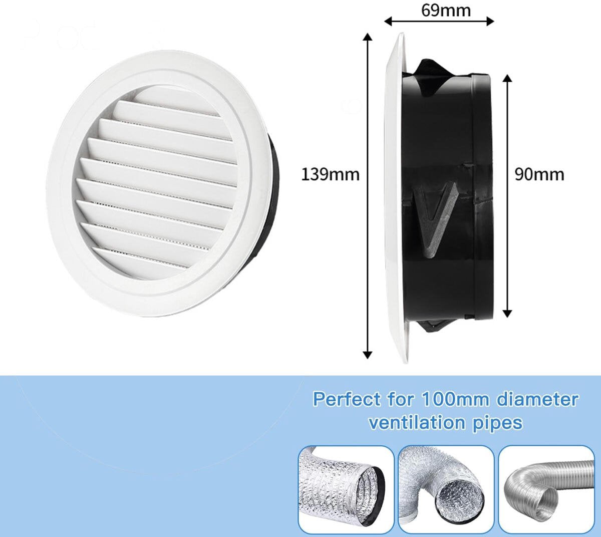 Ventilation grille - Round ventilation grille - Air grille - Louvered grille - plastic ventilation grille - 100 mm - ABS ventilation grille opening - for extractor fan - white