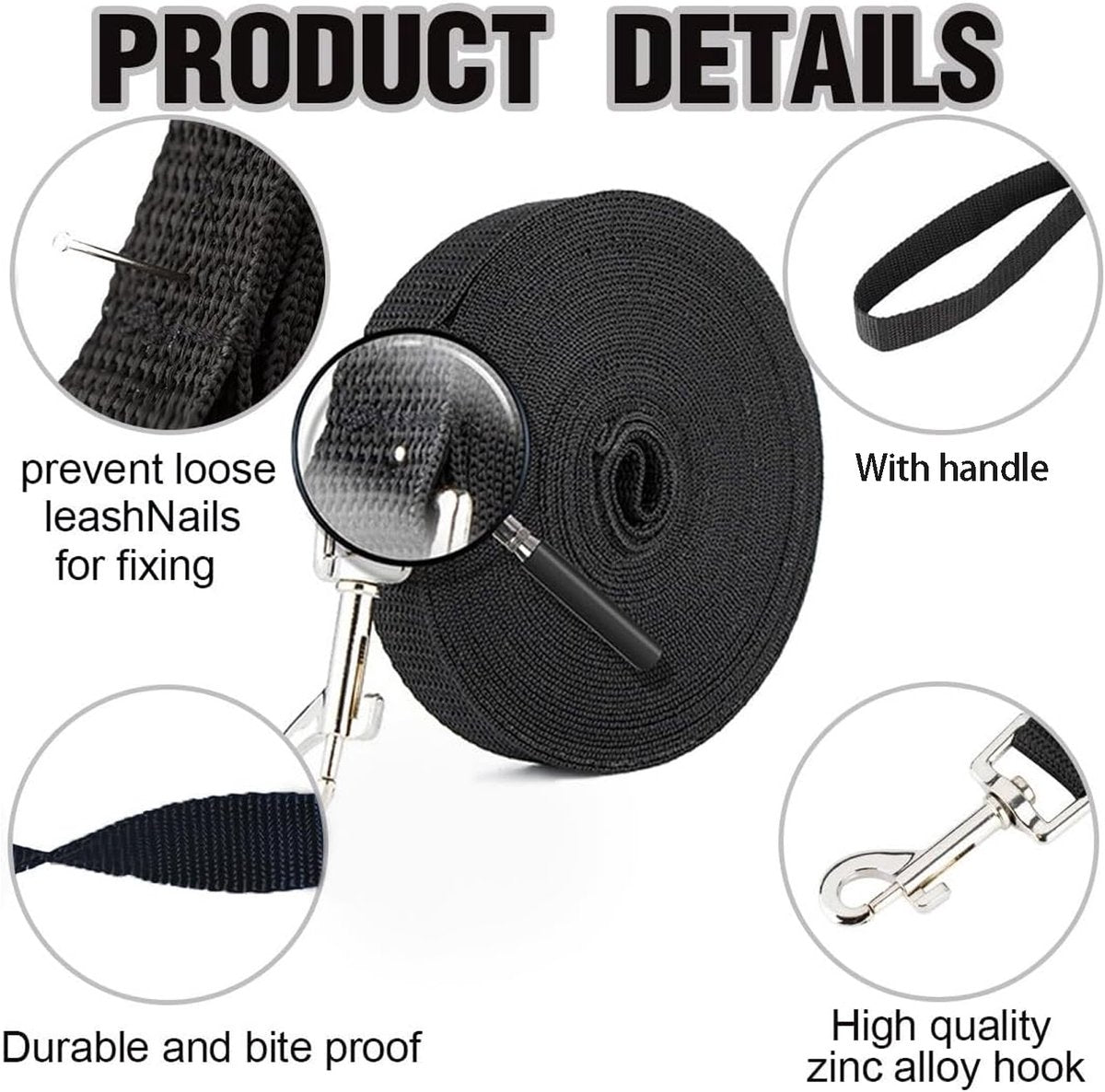 20m*2cm - Dog Leash - Dog Training Leash - Pet Leash - Waterproof - With wrist strap and 360° carabiner - long leash - leash - robust - Pet Supplies - for medium and large dogs - for obedience training - black