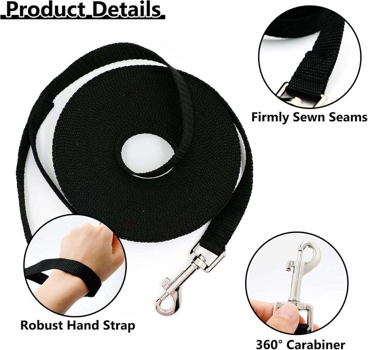 20m*2cm - Dog Leash - Dog Training Leash - Pet Leash - Waterproof - With wrist strap and 360° carabiner - long leash - leash - robust - Pet Supplies - for medium and large dogs - for obedience training - black