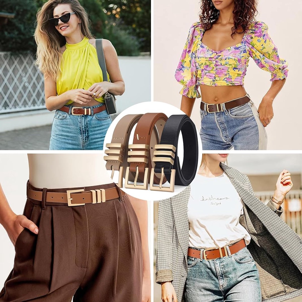 3 pieces - belt - women's belt - elegant simple belt - waist belt for jeans - belt with round buckle - retro women's belts with gold buckle - for jeans , clothing , casual decoration - black , brown , khaki - 105*2.4 cm