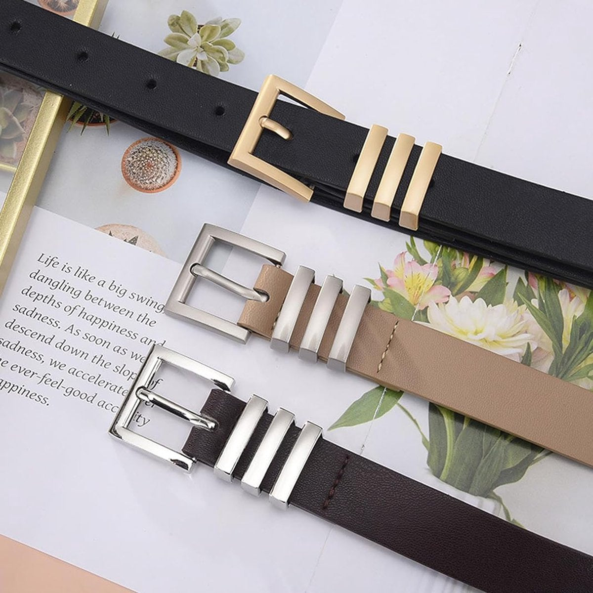 3 pieces - belt - women's belt - elegant simple belt - waist belt for jeans - belt with round buckle - retro women's belts with gold buckle - for jeans , clothing , casual decoration - black , brown , khaki - 105*2.4 cm