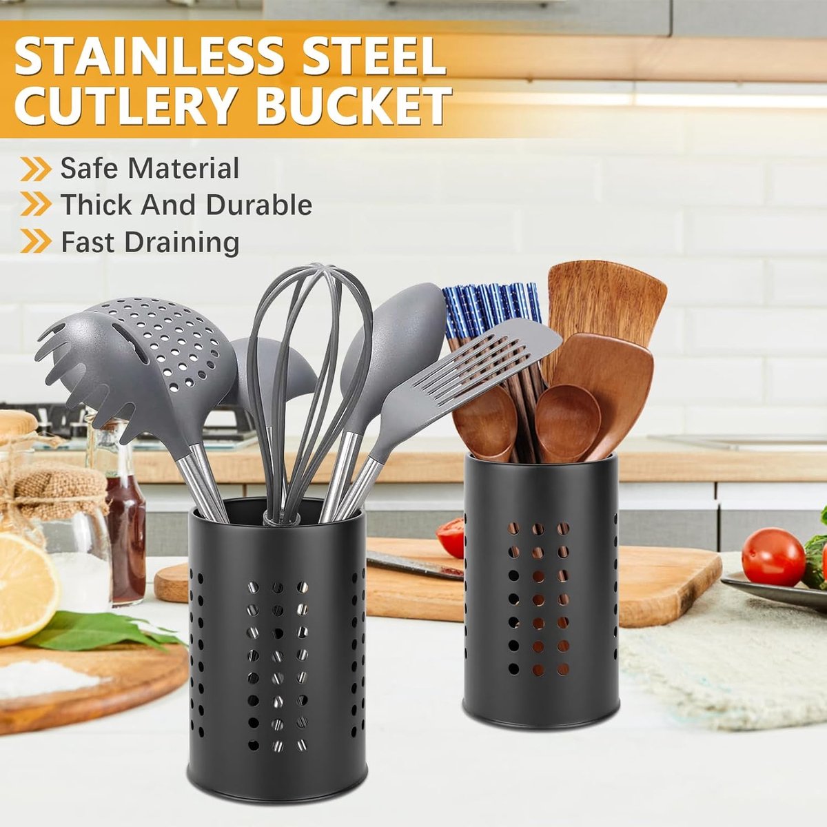 2 pieces - 18*12cm and 16.5*10cm - kitchen tool holder - stainless steel cutlery basket - tableware storage - drain rack - cutlery box - for organizing drawers and countertops - for kitchens - black