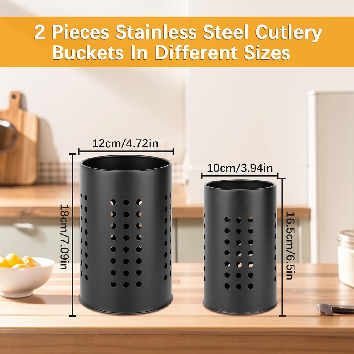 2 pieces - 18*12cm and 16.5*10cm - kitchen tool holder - stainless steel cutlery basket - tableware storage - drain rack - cutlery box - for organizing drawers and countertops - for kitchens - black