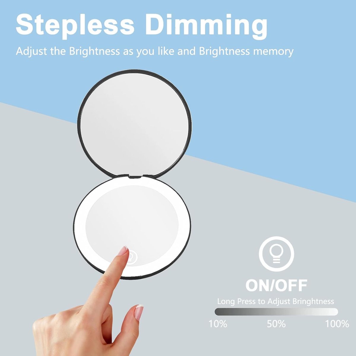 Makeup mirror - Illuminated compact mirror - rechargeable - 1x/10x magnifying makeup mirror - Mirror - portable travel makeup mirror - with natural daylight and LED lighting - small dimmable illuminated mirror - for handbag - 9*1.8 cm - black