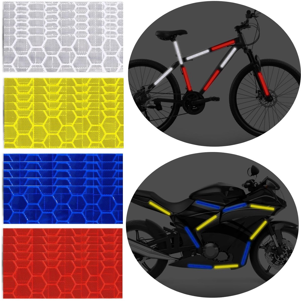 4 rolls - 1cm * 8m - Reflective tape - self-adhesive safety markings - reflective strips - reflective stickers - warning tape - for visibility - for vehicles and outdoor helmets - white, yellow, red, blue
