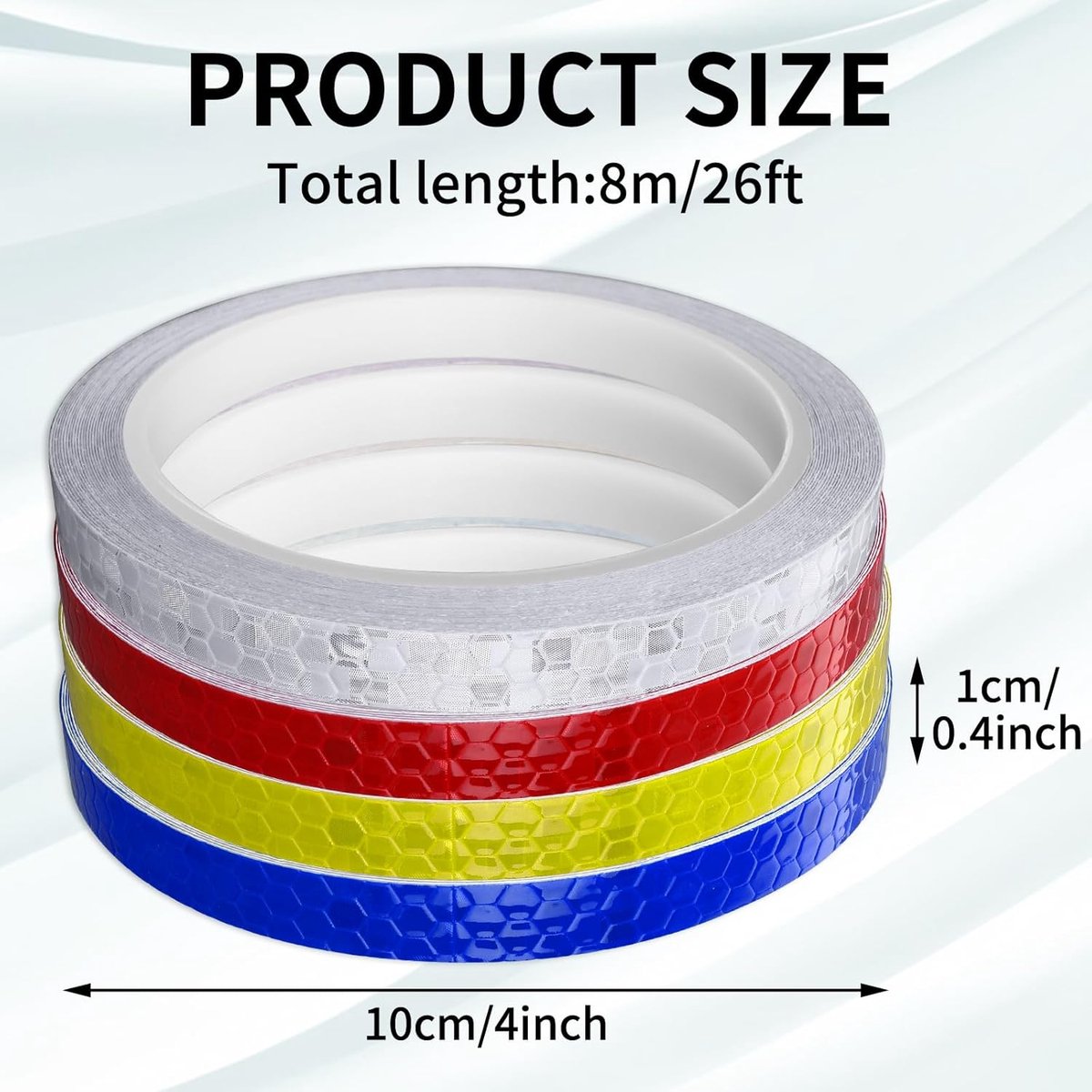 4 rolls - 1cm * 8m - Reflective tape - self-adhesive safety markings - reflective strips - reflective stickers - warning tape - for visibility - for vehicles and outdoor helmets - white, yellow, red, blue