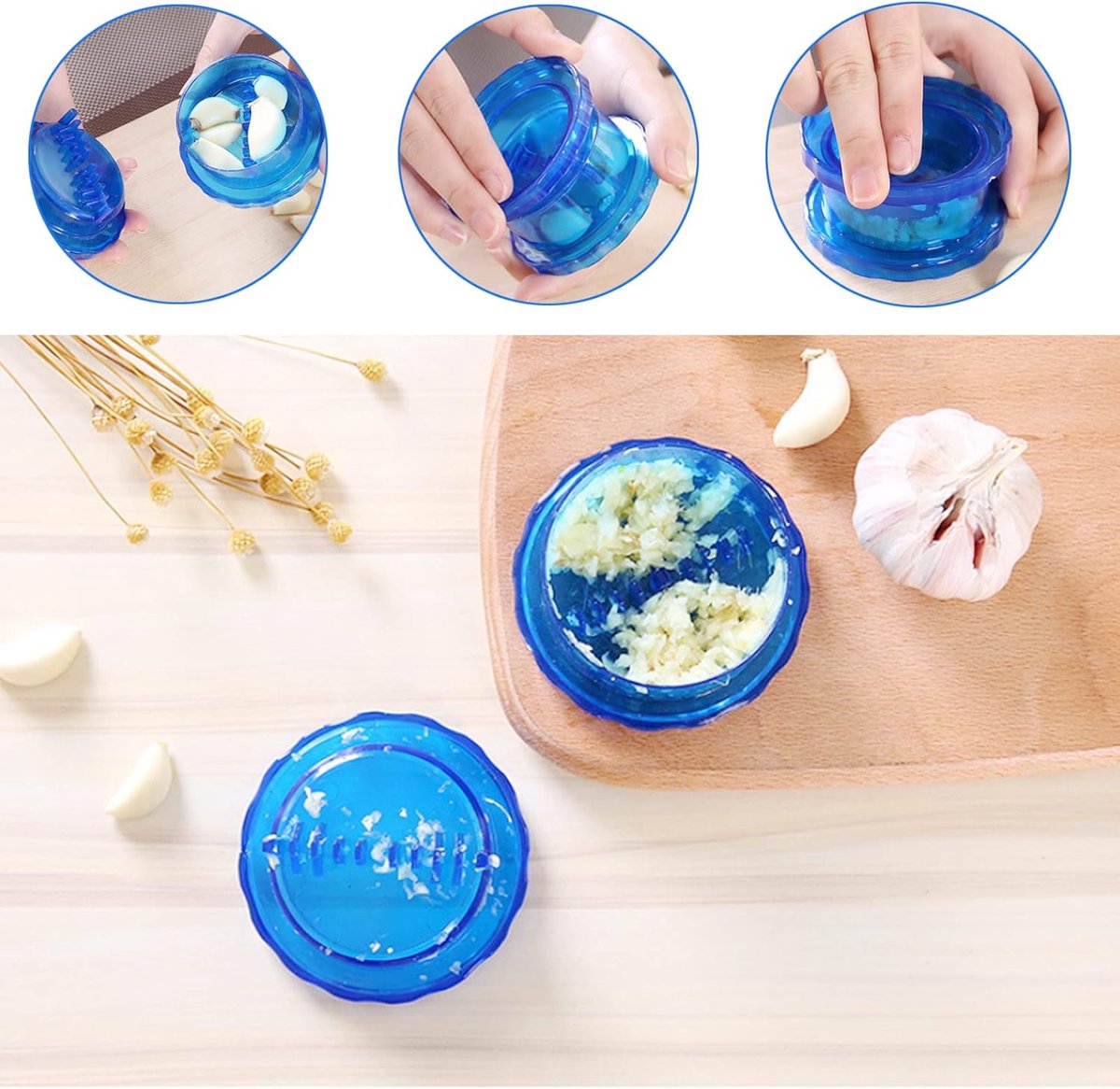 Garlic Twister - Garlic Press - Suitable for Garlic - Manual Garlic Press - Kitchen Gadget Press - Garlic Presses - Ginger Press - for chopping garlic, onions, ginger, herbs and nuts - Blue Transparent