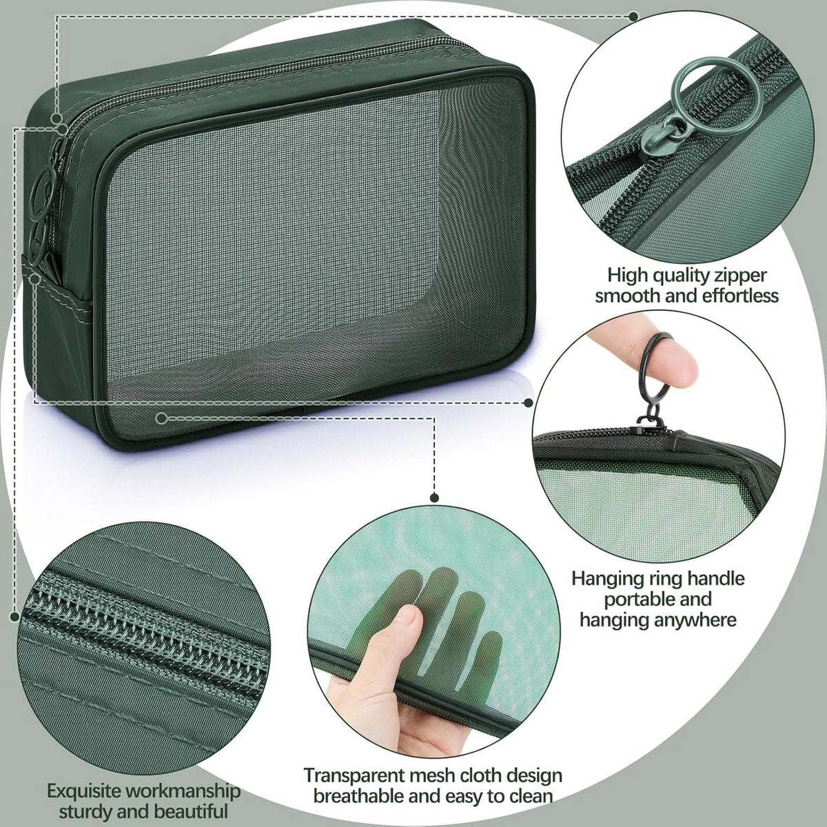 pieces - Cosmetic bag - Travel toiletry bag - Storage bag - mesh cosmetic bag - travel bag with zipper - mini makeup bag - for daily accessories - for travel and daily use - small, large, medium - olive green