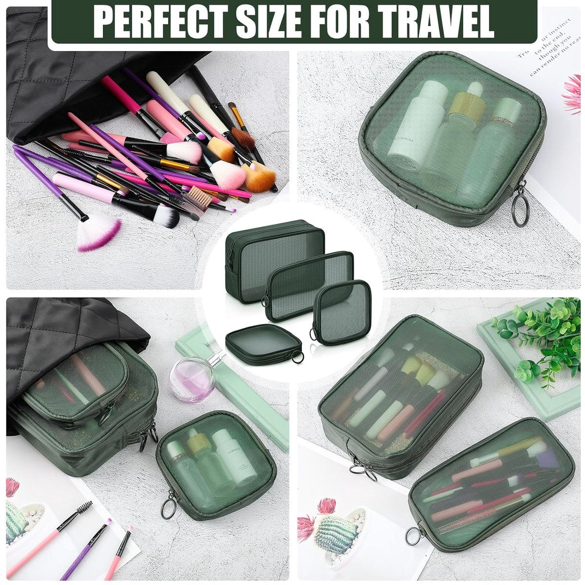 pieces - Cosmetic bag - Travel toiletry bag - Storage bag - mesh cosmetic bag - travel bag with zipper - mini makeup bag - for daily accessories - for travel and daily use - small, large, medium - olive green