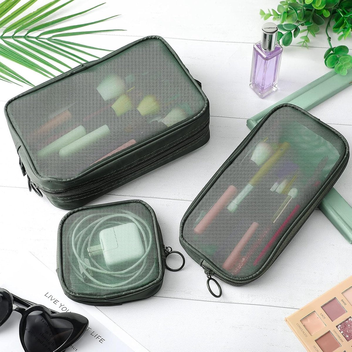 pieces - Cosmetic bag - Travel toiletry bag - Storage bag - mesh cosmetic bag - travel bag with zipper - mini makeup bag - for daily accessories - for travel and daily use - small, large, medium - olive green