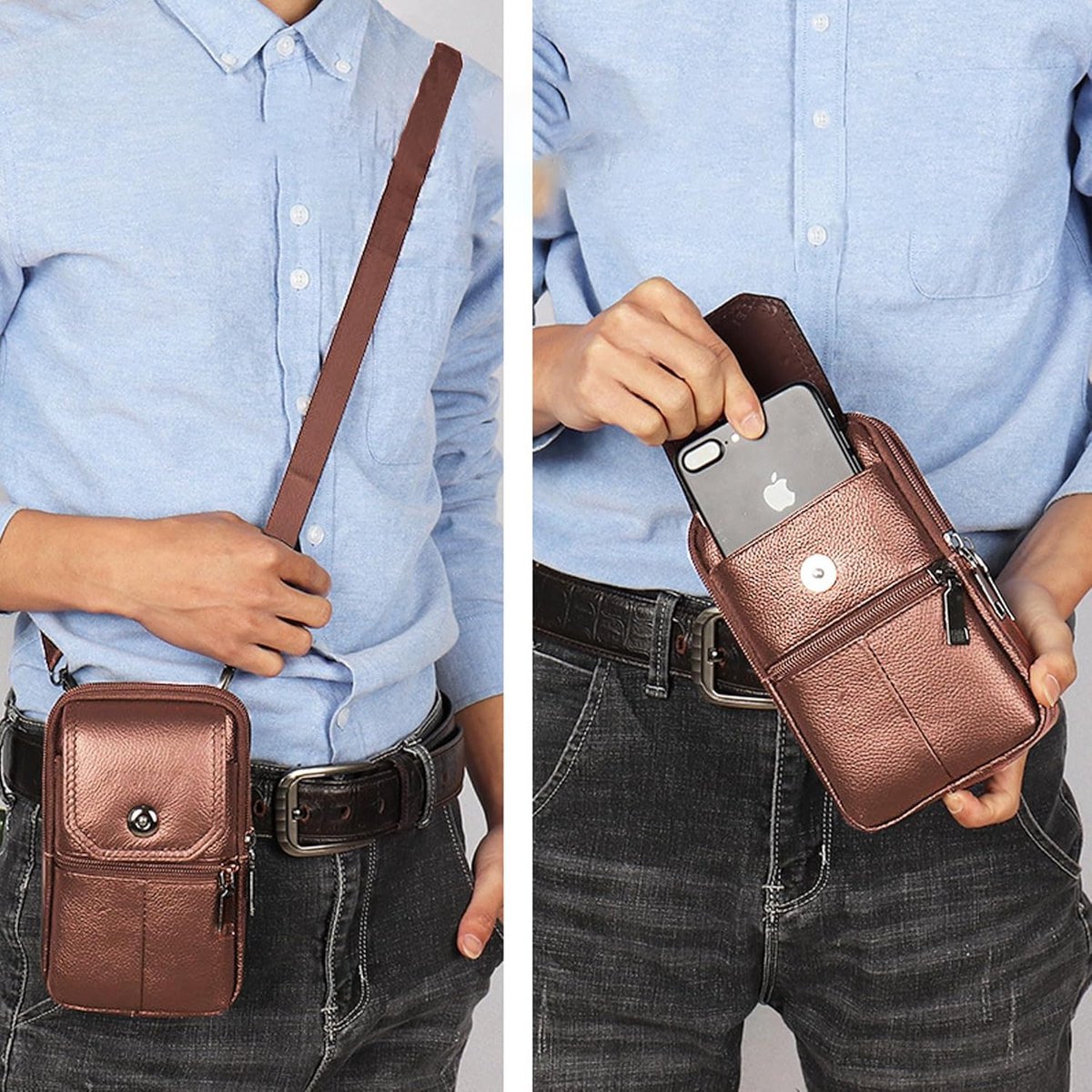 Leather Belt Bag - with Shoulder Strap - Leather Phone Waist Bag - Standing Small Belt Bag - Belt Bag - Men's Leather Shoulder Bag - Phone Holder - Vertical Phone Holder - Waist Belt - Smartphone Bag - Organizer - Waist Bag - Wallet - Shoulder Bag - Yello