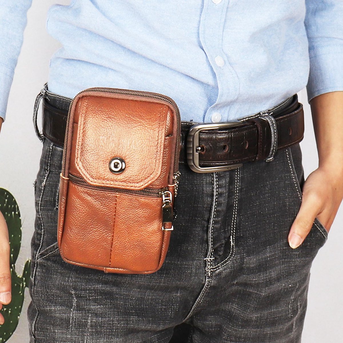 Leather Belt Bag - with Shoulder Strap - Leather Phone Waist Bag - Standing Small Belt Bag - Belt Bag - Men's Leather Shoulder Bag - Phone Holder - Vertical Phone Holder - Waist Belt - Smartphone Bag - Organizer - Waist Bag - Wallet - Shoulder Bag - Yello