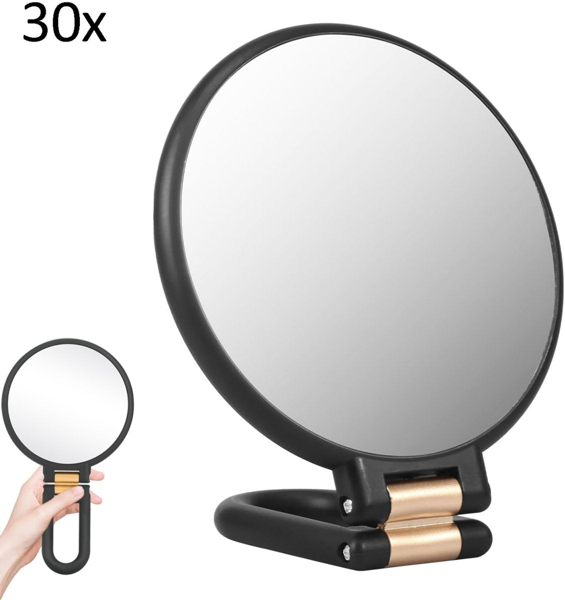 30X Magnifying Mirror - 24*14 cm - Hand Mirror with Folding Handle - Travel Magnifying Mirror with Handle - Double-Sided Magnifying Mirror - with 30x/1x Magnification - Portable Makeup Mirror - Multifunctional Hand Mirror - Black