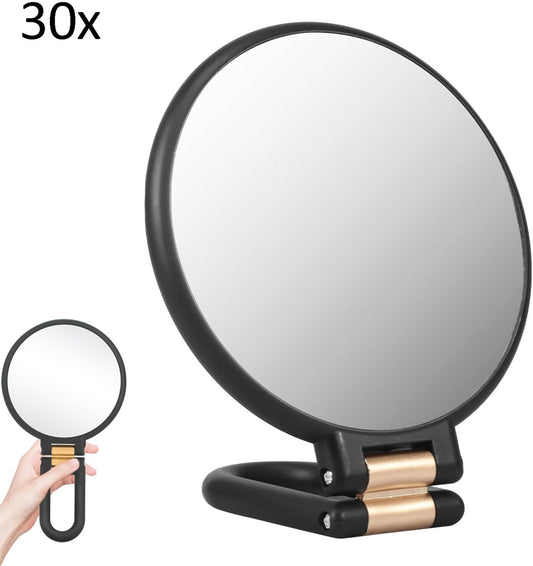 30X Magnifying Mirror - 24*14 cm - Hand Mirror with Folding Handle - Travel Magnifying Mirror with Handle - Double-Sided Magnifying Mirror - with 30x/1x Magnification - Portable Makeup Mirror - Multifunctional Hand Mirror - Black