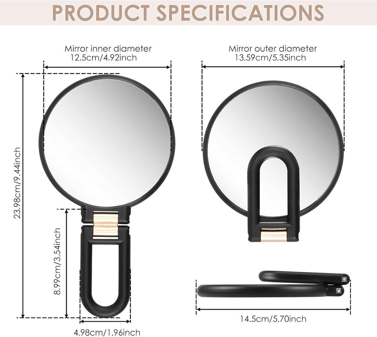 30X Magnifying Mirror - 24*14 cm - Hand Mirror with Folding Handle - Travel Magnifying Mirror with Handle - Double-Sided Magnifying Mirror - with 30x/1x Magnification - Portable Makeup Mirror - Multifunctional Hand Mirror - Black