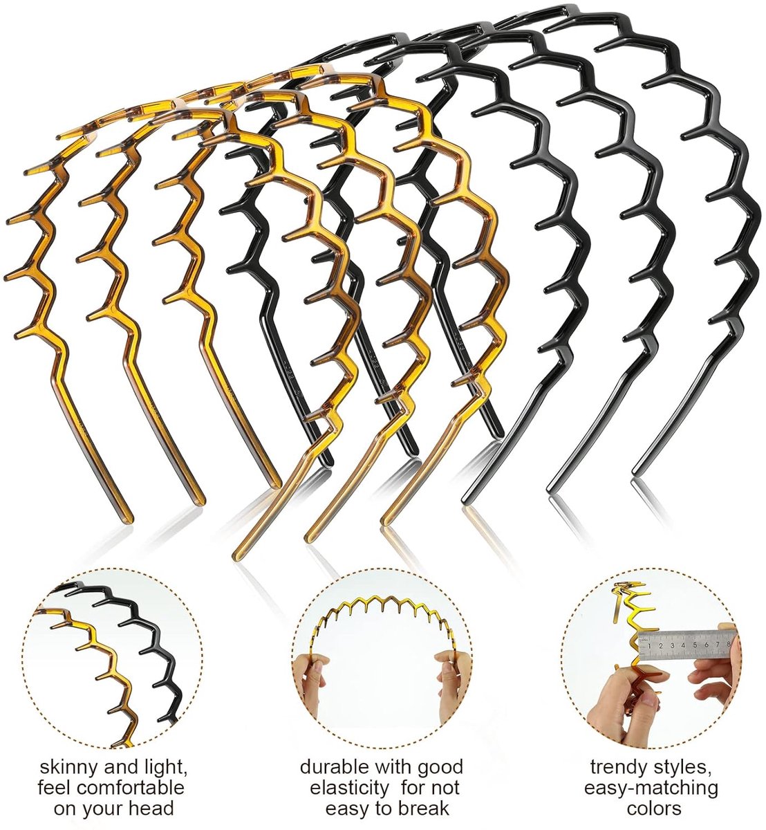 Pieces Zigzag Headbands - Women's Hairbands - for thick curly hair - plastic shark tooth combs - Hair Accessories - sawtooth headbands - plastic wavy tooth headbands - for men and women - black, brown