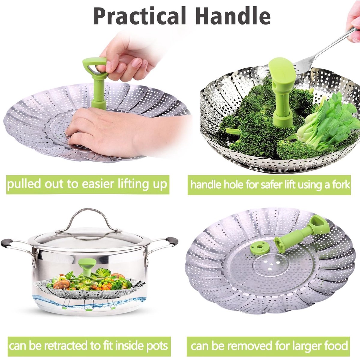 Vegetable steamer - Steamer basket - Stainless steel steamer - Fits all pans - Retractable - Adjustable - Foldable steam liner - With telescopic handle - silver