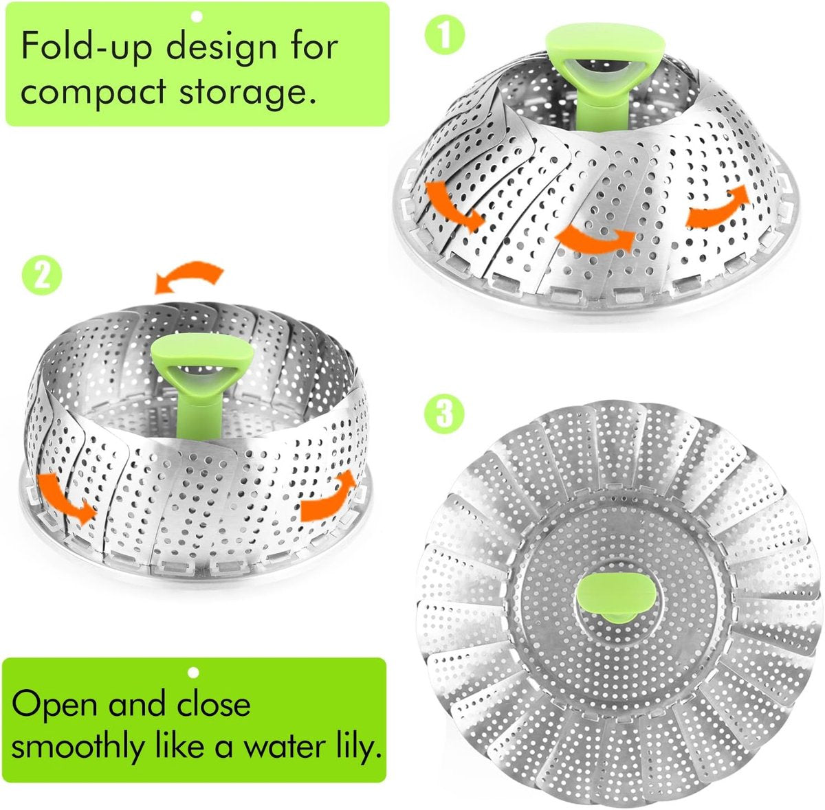 Vegetable steamer - Steamer basket - Stainless steel steamer - Fits all pans - Retractable - Adjustable - Foldable steam liner - With telescopic handle - silver