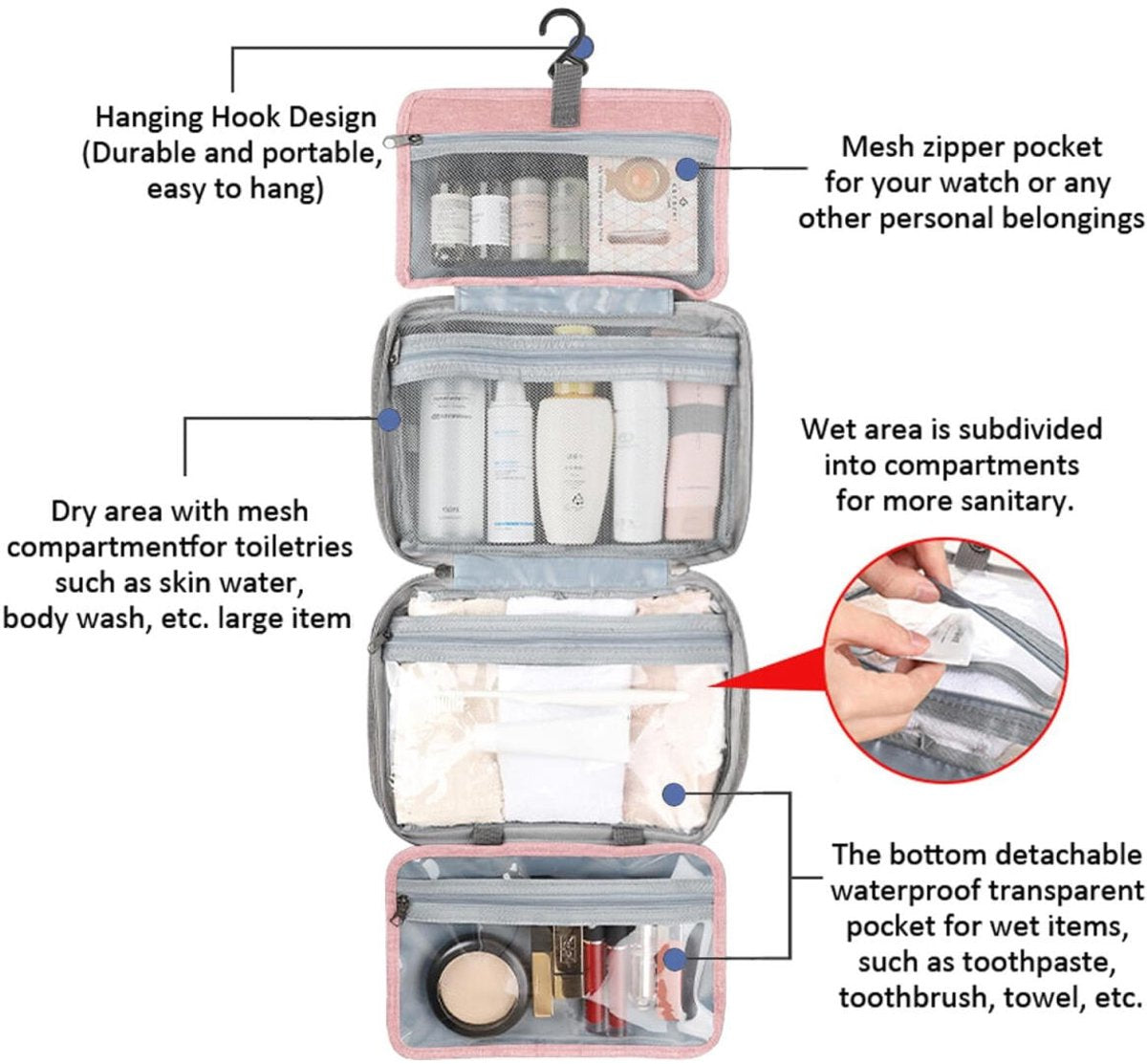 Toiletry bag - Portable hanging toiletry bag - foldable travel toiletry bag - large foldable travel bag - travel makeup bag - storage bag - with 4 compartments - waterproof toiletry bag - unisex - for vacation, shower, camping and travel - 27*18*8 cm - pi