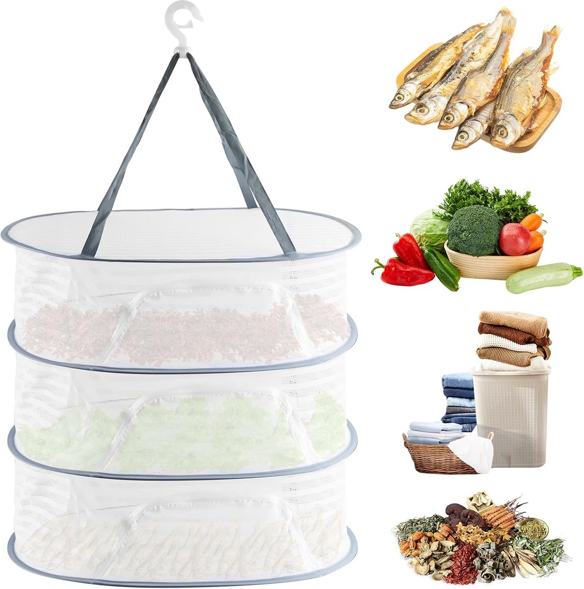 Herb Drying Rack - 40*60cm - 3-tier hanging herb drying net - Drying rack - Drying net - food drying net - hanging mesh net - plant drying rack - with zippers - foldable drying net - for buds, meat, herbs, vegetables, plants, fruit, clothing - white