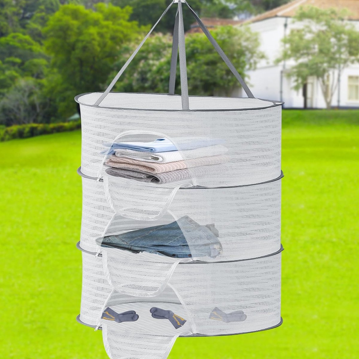Herb Drying Rack - 40*60cm - 3-tier hanging herb drying net - Drying rack - Drying net - food drying net - hanging mesh net - plant drying rack - with zippers - foldable drying net - for buds, meat, herbs, vegetables, plants, fruit, clothing - white