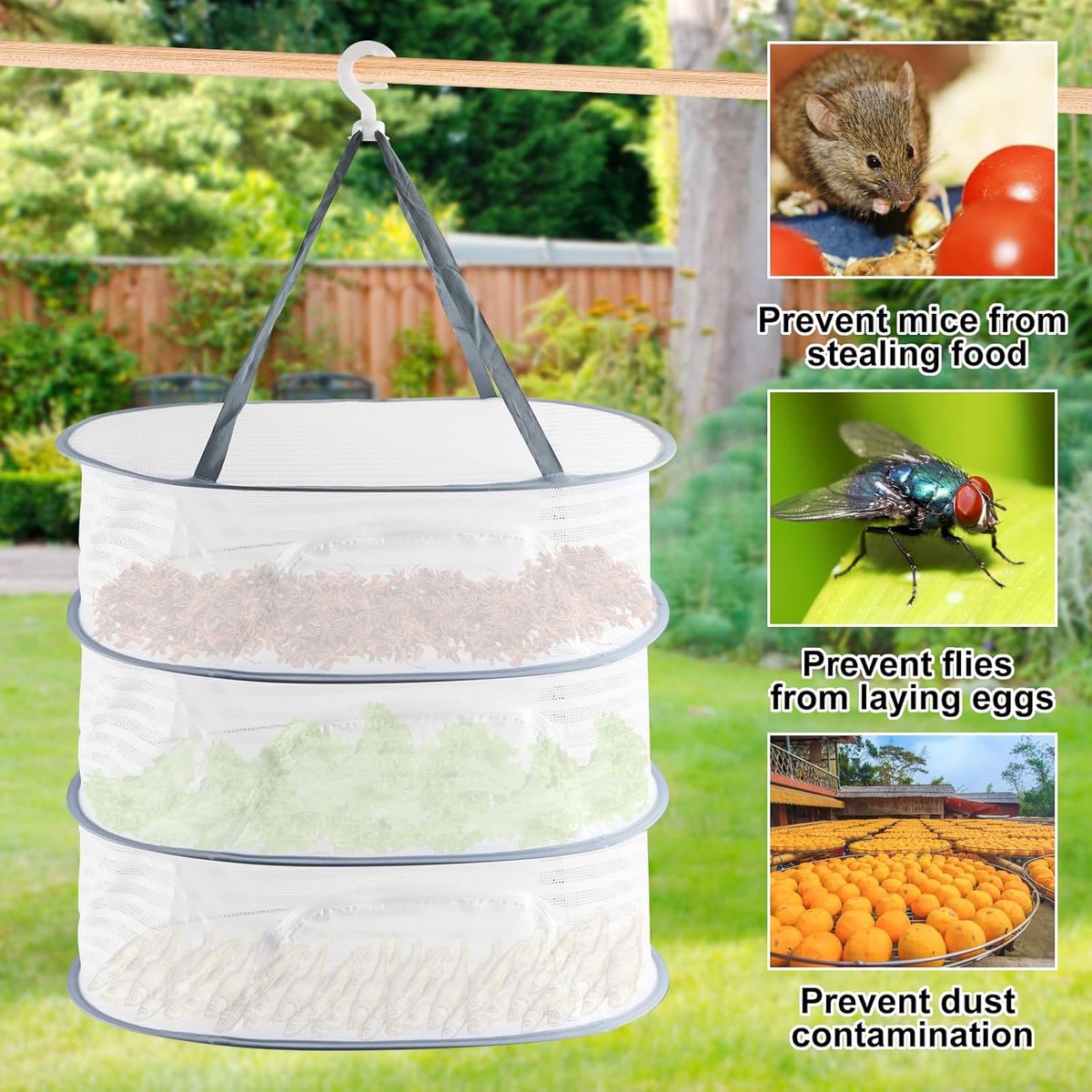 Herb Drying Rack - 40*60cm - 3-tier hanging herb drying net - Drying rack - Drying net - food drying net - hanging mesh net - plant drying rack - with zippers - foldable drying net - for buds, meat, herbs, vegetables, plants, fruit, clothing - white