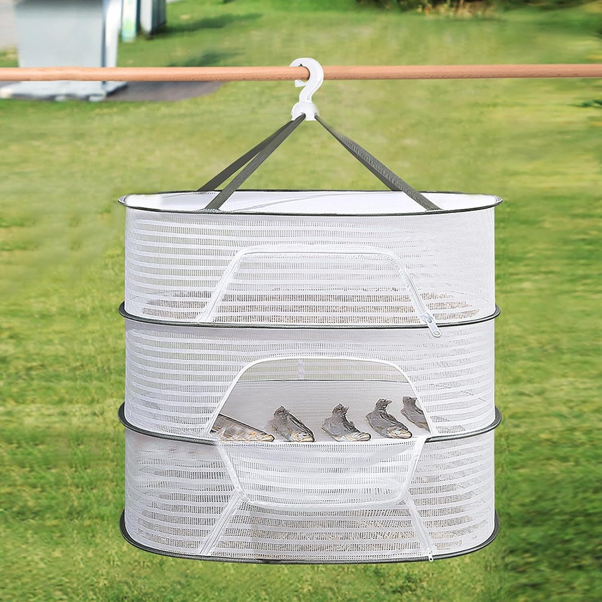 Herb Drying Rack - 40*60cm - 3-tier hanging herb drying net - Drying rack - Drying net - food drying net - hanging mesh net - plant drying rack - with zippers - foldable drying net - for buds, meat, herbs, vegetables, plants, fruit, clothing - white
