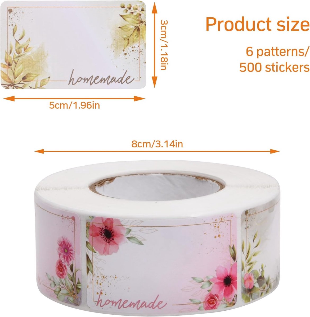 Self-adhesive jam labels - 500 pieces - 3x5 cm - easy-to-remove adhesive food labels - with floral pattern - for refrigerator, kitchen containers, and bottles