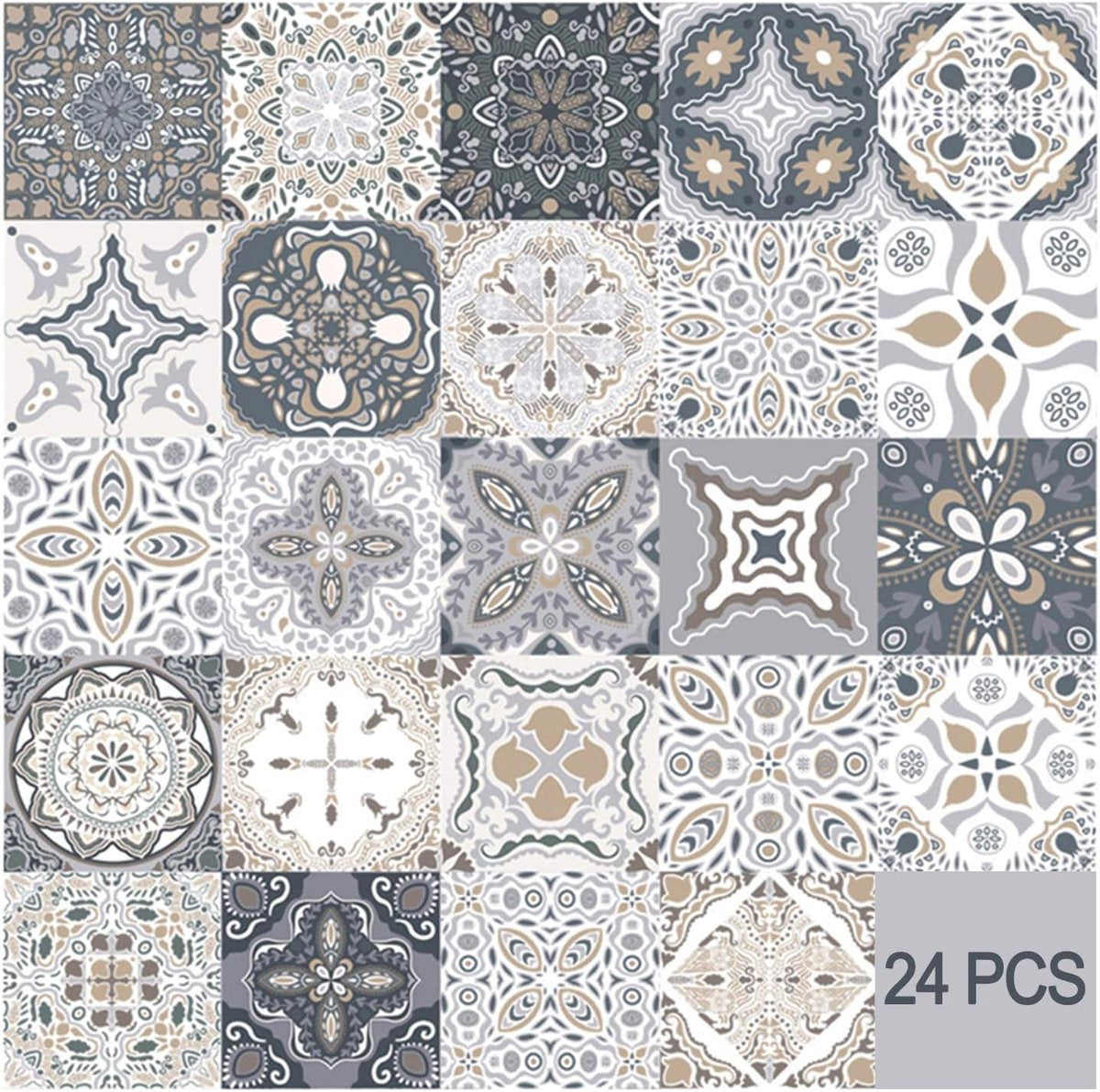 24 Pieces PVC Mosaic Tile Sticker - 10x10 cm - Adhesive Tiles - Moroccan Wall Tile - Waterproof Wallpaper - Decorative Film Furniture Film - Self-Adhesive Tiles - for Kitchen, Cabinet, Furniture, Table - Decorative Sticker Tiles - Adhesive Film Tile Stick