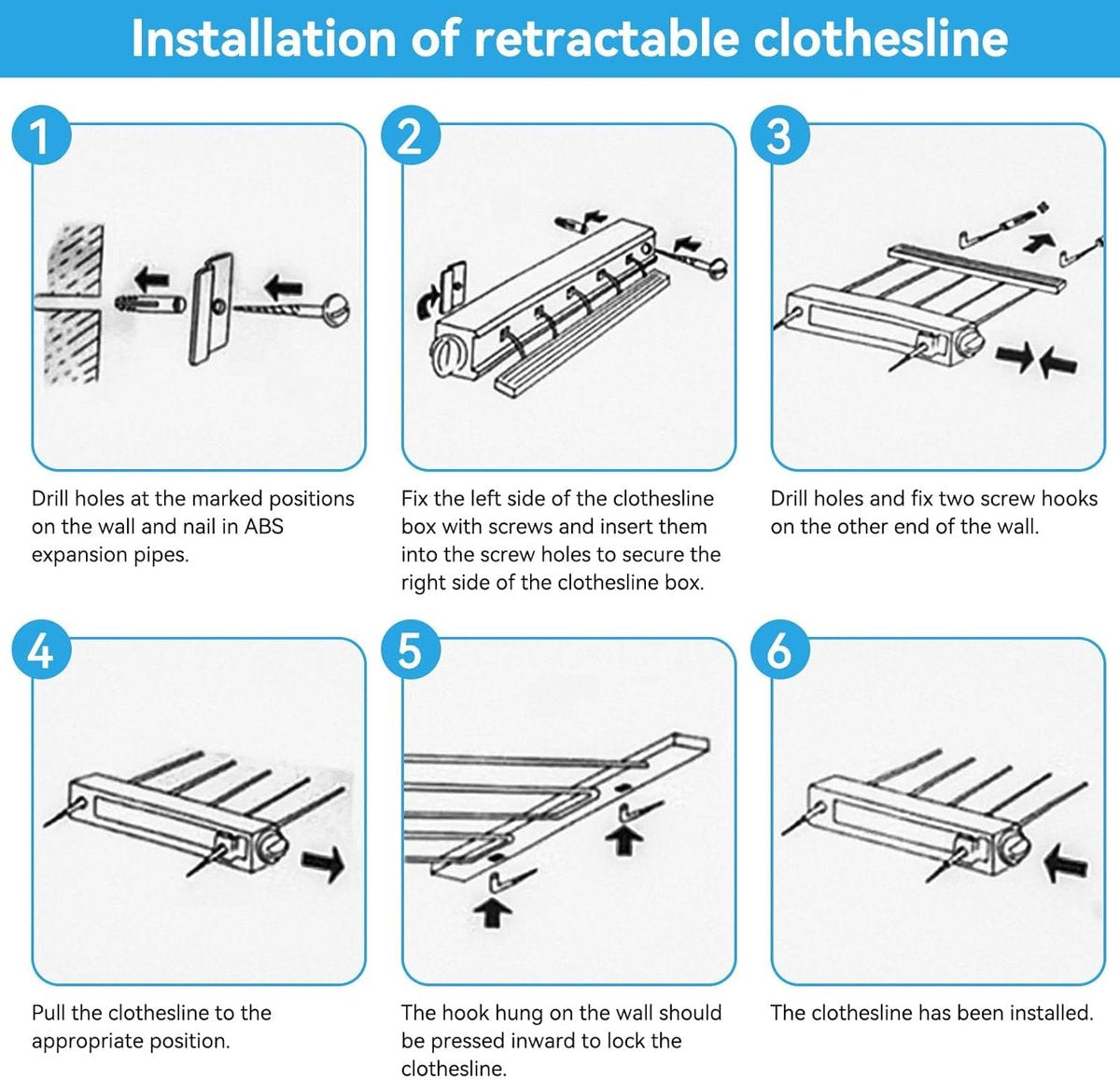 Extendable clothesline - Retractable clothesline - 5 lines of 3.75 m each - Roll-up clothesline - Clothesline - Wall clothesline - Foldable drying rack - Drying rack - Indoor drying rack - White