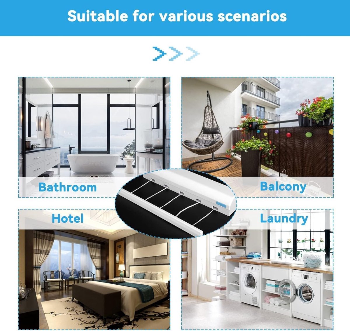 Extendable clothesline - Retractable clothesline - 5 lines of 3.75 m each - Roll-up clothesline - Clothesline - Wall clothesline - Foldable drying rack - Drying rack - Indoor drying rack - White