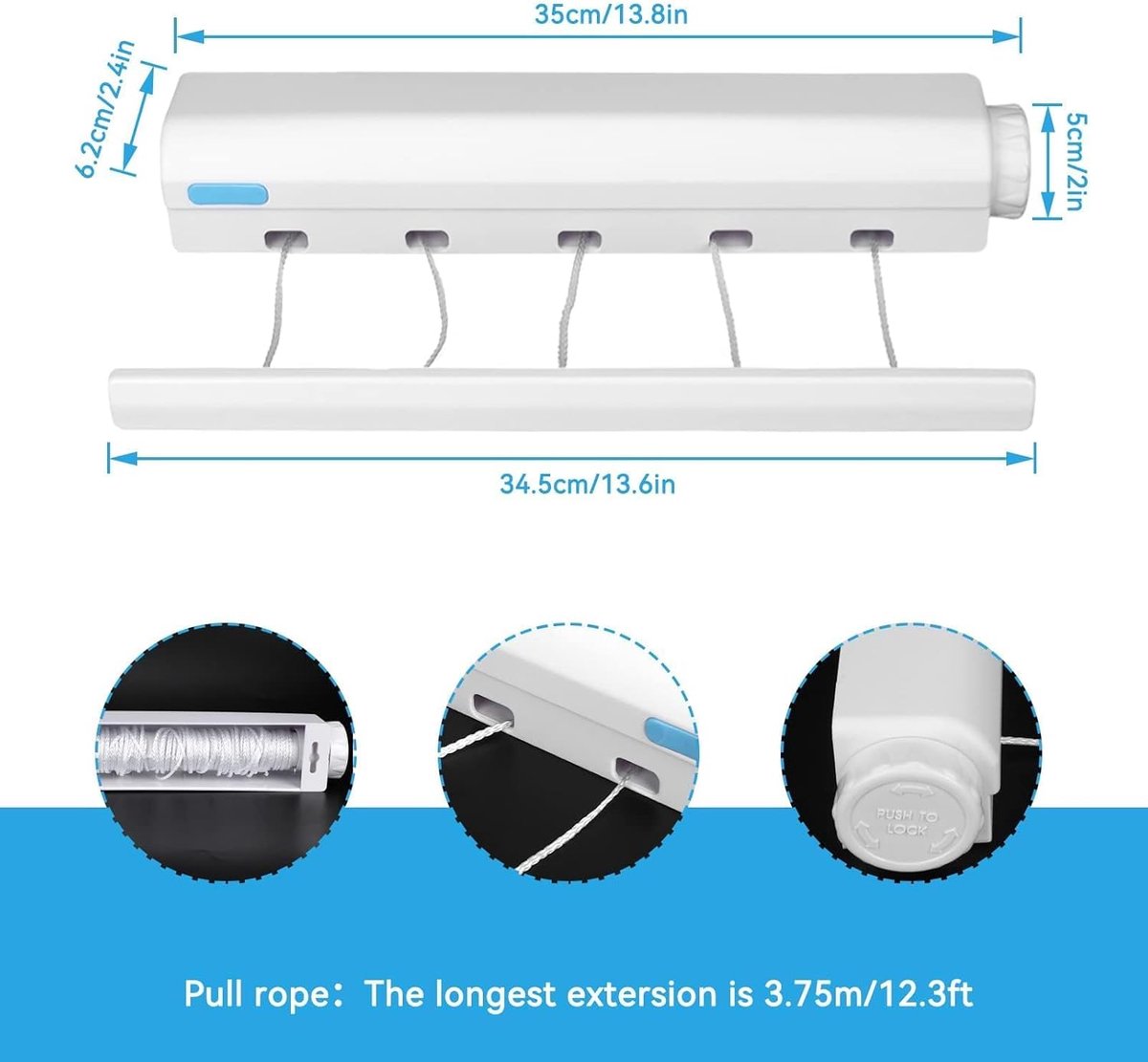 Extendable clothesline - Retractable clothesline - 5 lines of 3.75 m each - Roll-up clothesline - Clothesline - Wall clothesline - Foldable drying rack - Drying rack - Indoor drying rack - White