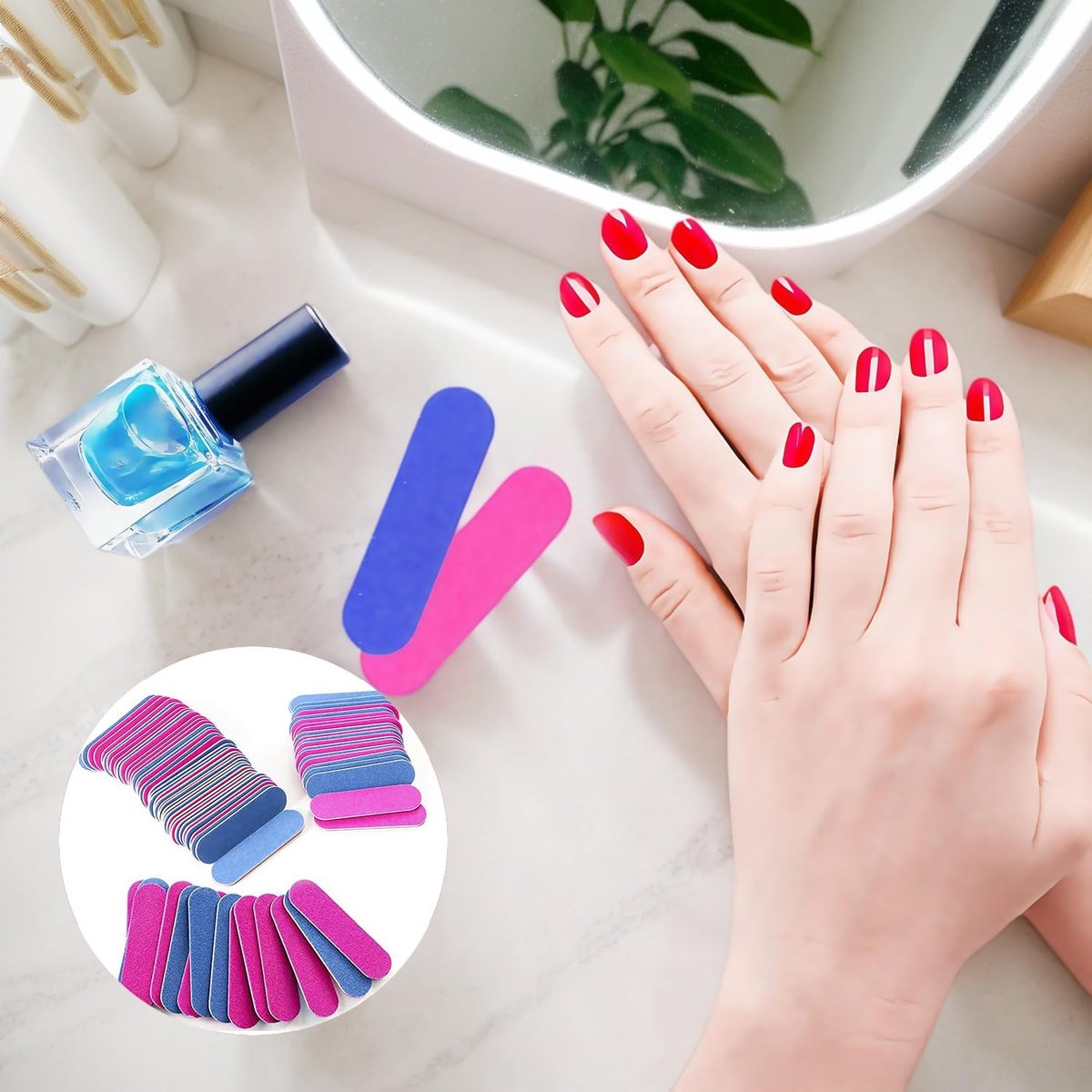 100 pieces - Sanding strips - Nail file - Mini wood file - Shaping nails - nail sanding strips - mini nail file - nail file set - mini nail files - manicure instruments - manicure - for home and salon use - 180/240 grit - 5*1.3 cm - pink, blue