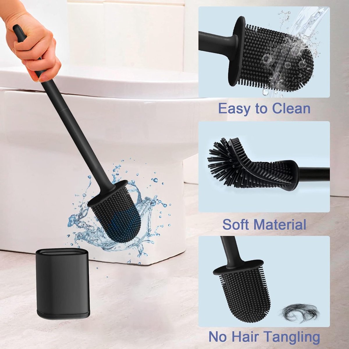 Toilet brush and holder set - Toilet brush - Deep cleaning - Silicone toilet brush - Flexible toilet brush head - Wall mounting - Freestanding toilet brush holder - Black