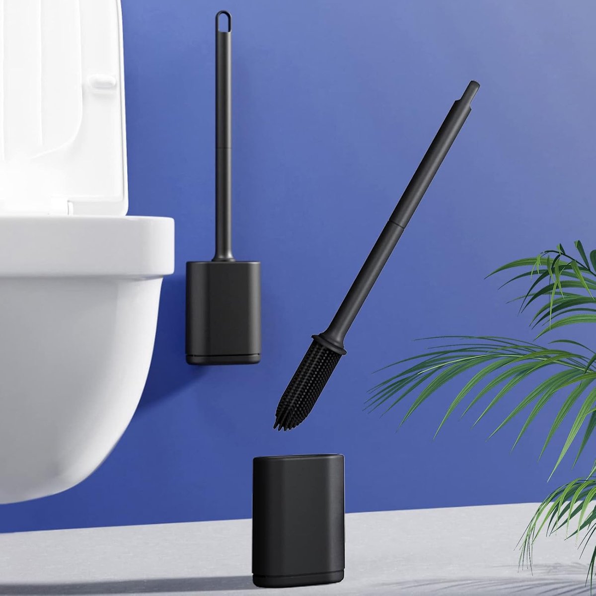 Toilet brush and holder set - Toilet brush - Deep cleaning - Silicone toilet brush - Flexible toilet brush head - Wall mounting - Freestanding toilet brush holder - Black