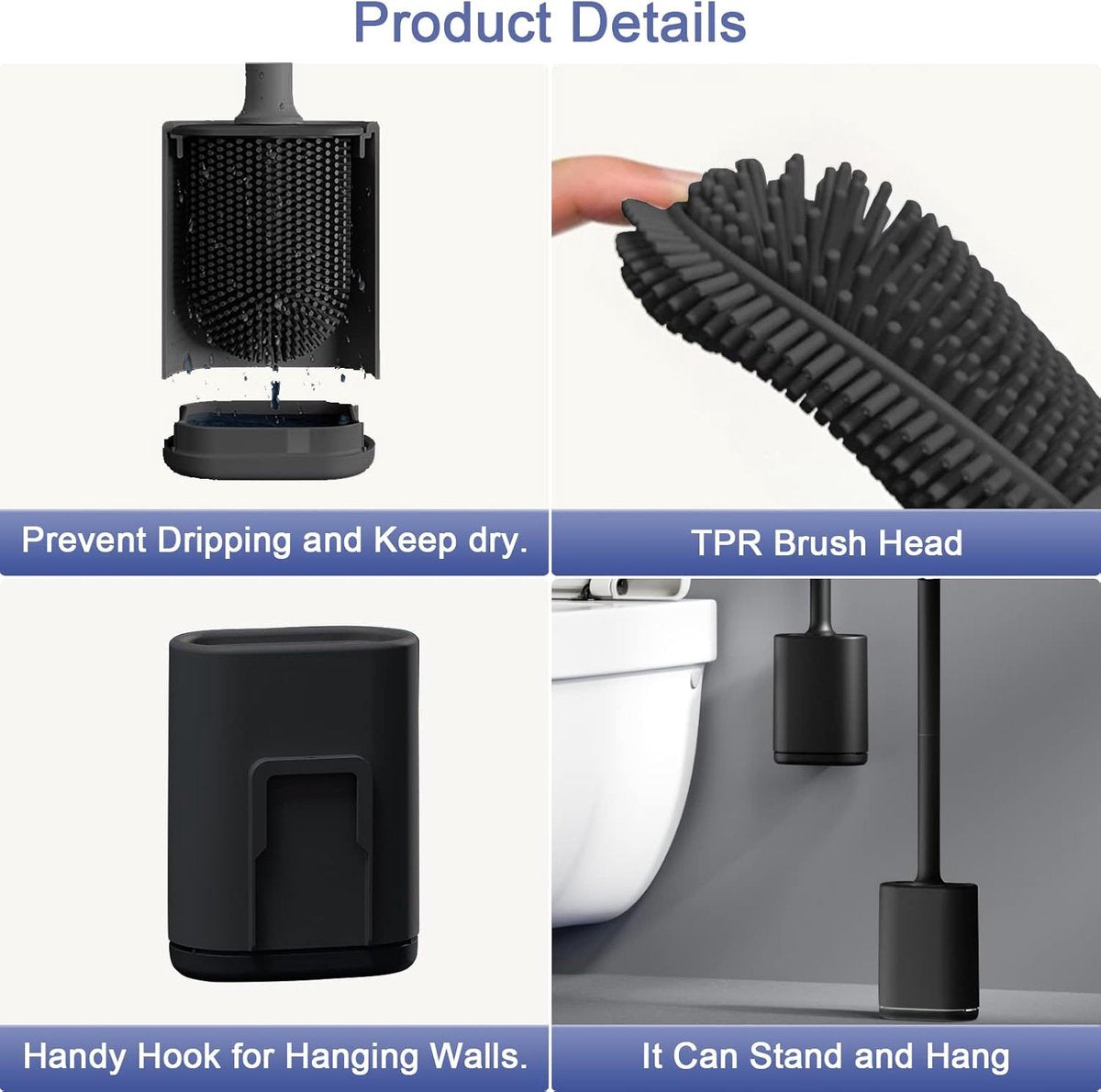 Toilet brush and holder set - Toilet brush - Deep cleaning - Silicone toilet brush - Flexible toilet brush head - Wall mounting - Freestanding toilet brush holder - Black