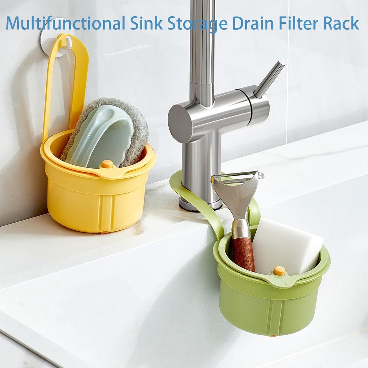 Drain Basket - Drain Filter - Sink Storage Holder - Faucet Hanging Strainer - Sink Drain Basket - Sink Strainer Basket - Sink Food Waste Collection Bin - Sink Trash Can - Plastic Kitchen Sink Strainer - Food Fruit Vegetable Drying Rack - Green