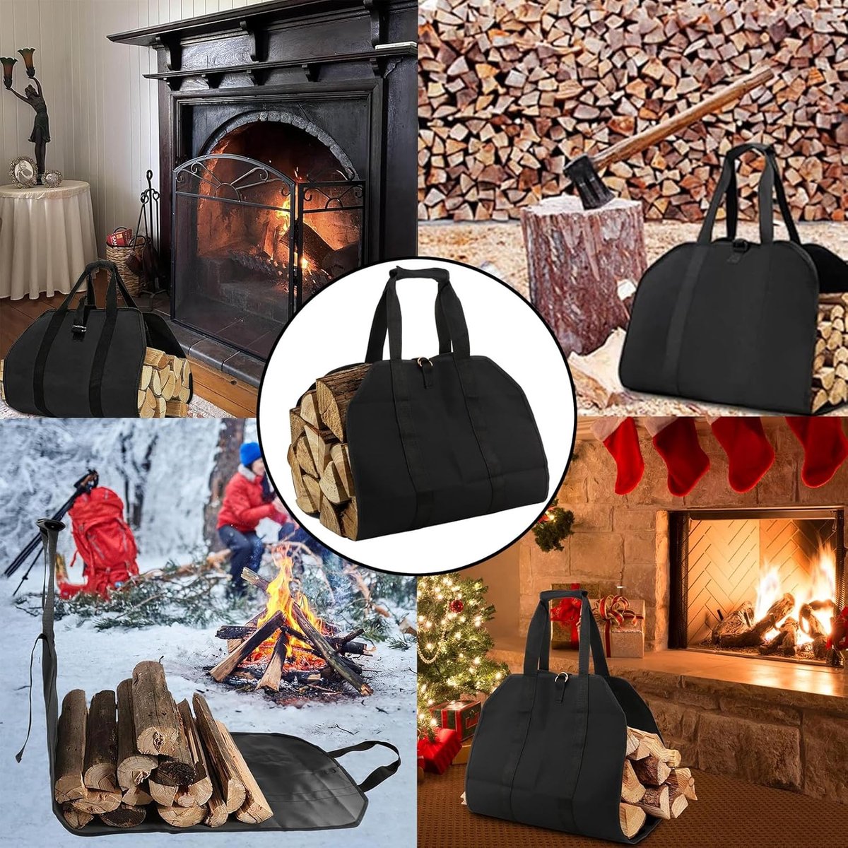 Firewood bag - Firewood sack - Firewood bag - Firewood carrying bag - Firewood carrying bag - Outdoor camping wood bag - large waterproof carrying bag - with non-slip handles - storage bag - firewood storage - for wood stoves and camping - 46*98 cm - blac